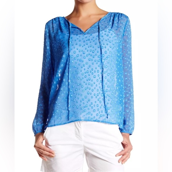 J.Crew Factory Women's Blue  Chiffon Peasant Blouse Clip-Dot Keyhole  🌟 - Picture 1 of 11